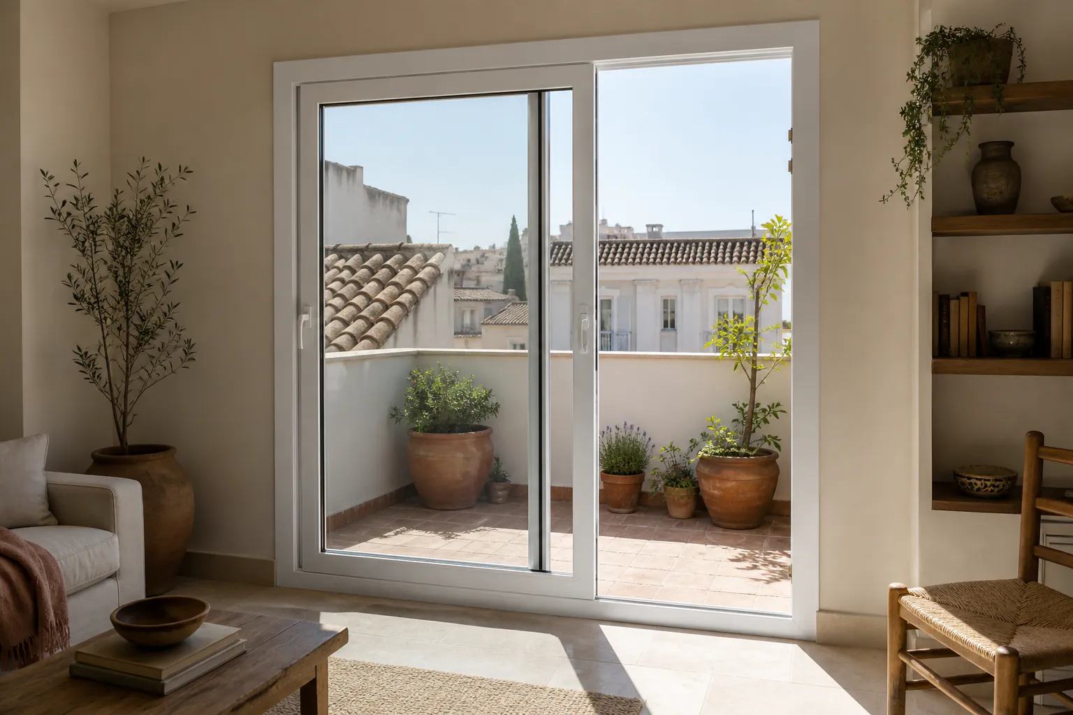 Ventana corredera de PVC junto a una terraza en Granada